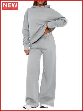 2 Piece Lounge Set Women's Sweatsuit Long Sleeve Hoodie Wide Leg Pants Cotton